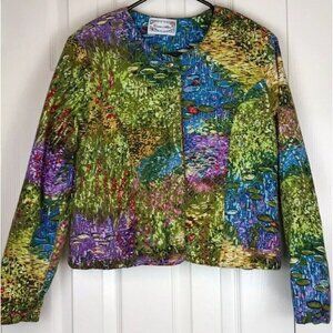 Carrie Allen Size Medium Quilted Watercolor Jacket Lily Pad Flowers Green Blue